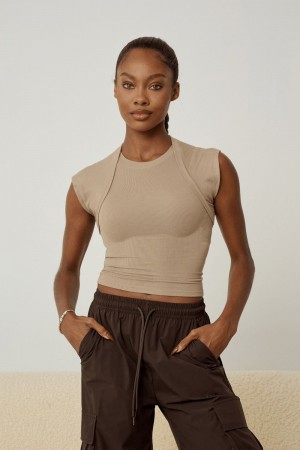 Beige Young LA W414 Luxe Ribbed Tee NZ | 8634907-IL