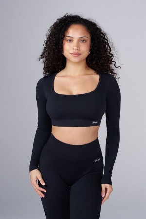 Black Young LA W449 Ribbed Seamless Longsleeve Crop NZ | 7312095-BS