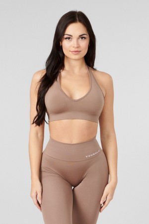 Khaki Young LA W328 - Core Seamless Halter Sports Bra NZ | 5479123-KS