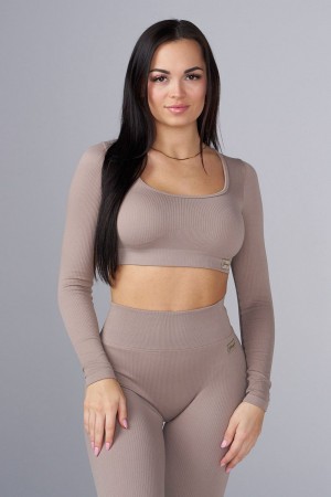 Khaki Young LA W449 Ribbed Seamless Longsleeve Crop NZ | 0819327-WX